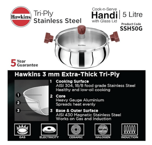 Hawkins 5 Litre Cook n Serve Handi, Triply Stainless Steel Handi with Glass Lid, Induction Sauce Pan, Biryani Handi, Saucepan, Silver (SSH50G) - Image 3